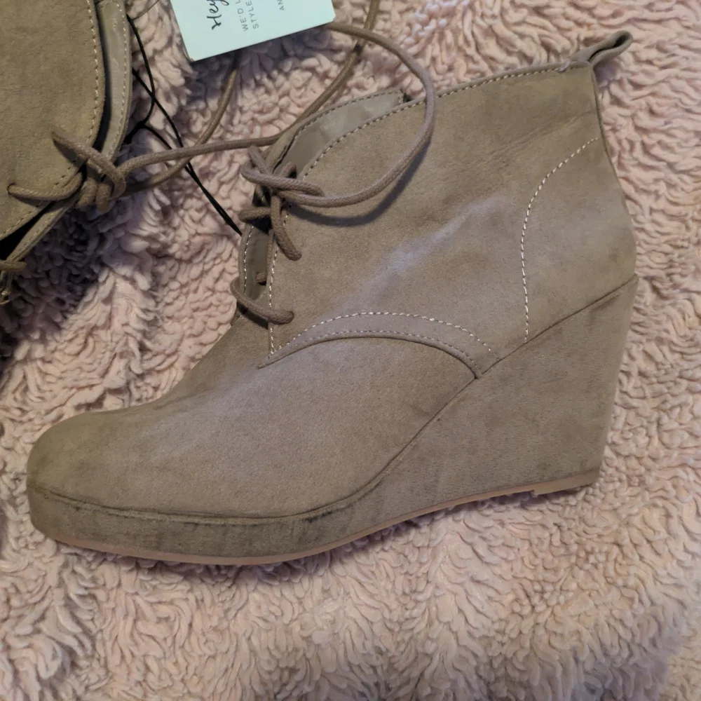 Taupe Lace-Up Wedge Ankle Booties | Soft Suede | Size 8